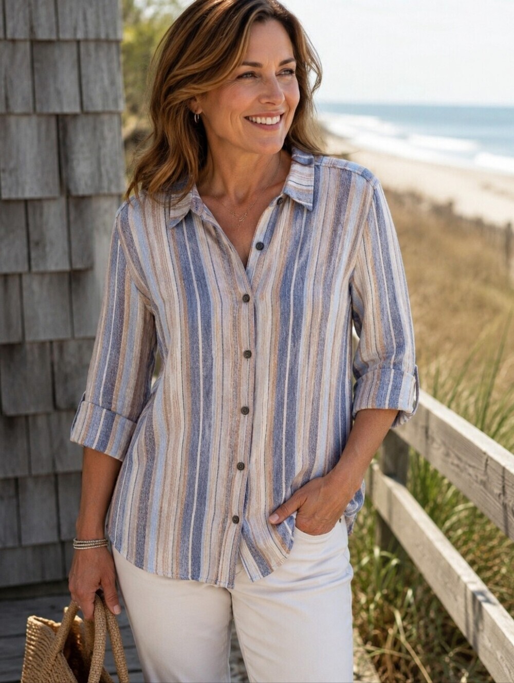 CJ Banks 2X Striped Linen Rayon Blouse Coastal Boho Lagenlook Top